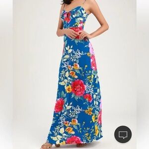 Lulus Santiago Blue Floral Print Tie-Front Maxi Dress Size Large Beach Vacation